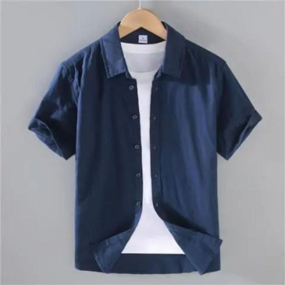 (XS, navy blue) Men's Spring and Summer Linen Short-sleeved Shirt Casual Button Commuter Breathable Outerwear Tops