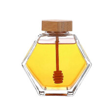 (As show, One size) 1Pc 380ml Honey Jar Clear Thicken Glass Hexagon Shape Honey Pot Container with Wooden Dipper and Cork Lid Dispenser Food Storage Container