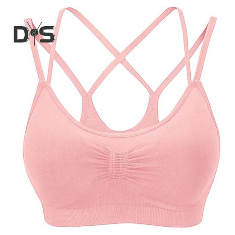 (pink, M) Women Sport Bra Multi Strap Hollow Out Back Push-up Vest Bra Quick-drying No Wire Seamless Gym Jogging Bra With Removable Padding