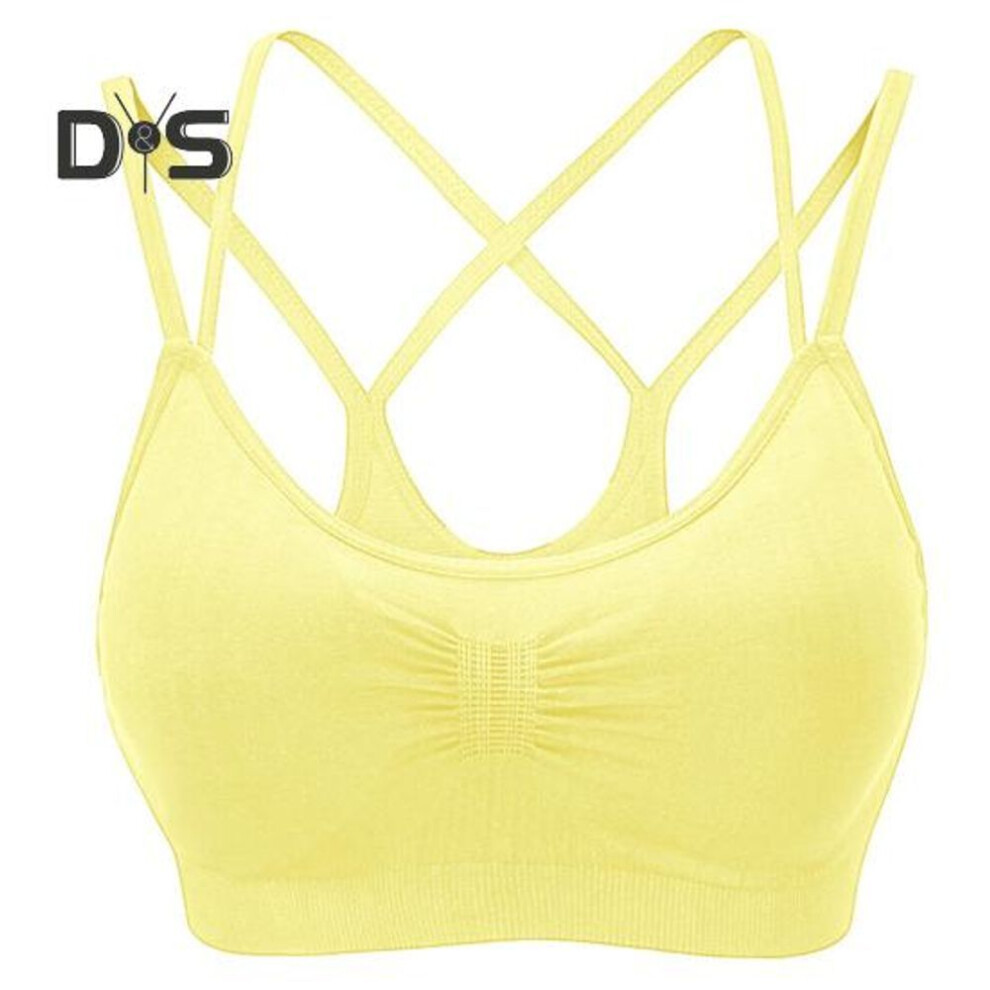 (yellow, L) Women Sport Bra Multi Strap Hollow Out Back Push-up Vest Bra Quick-drying No Wire Seamless Gym Jogging Bra with Removable Padding