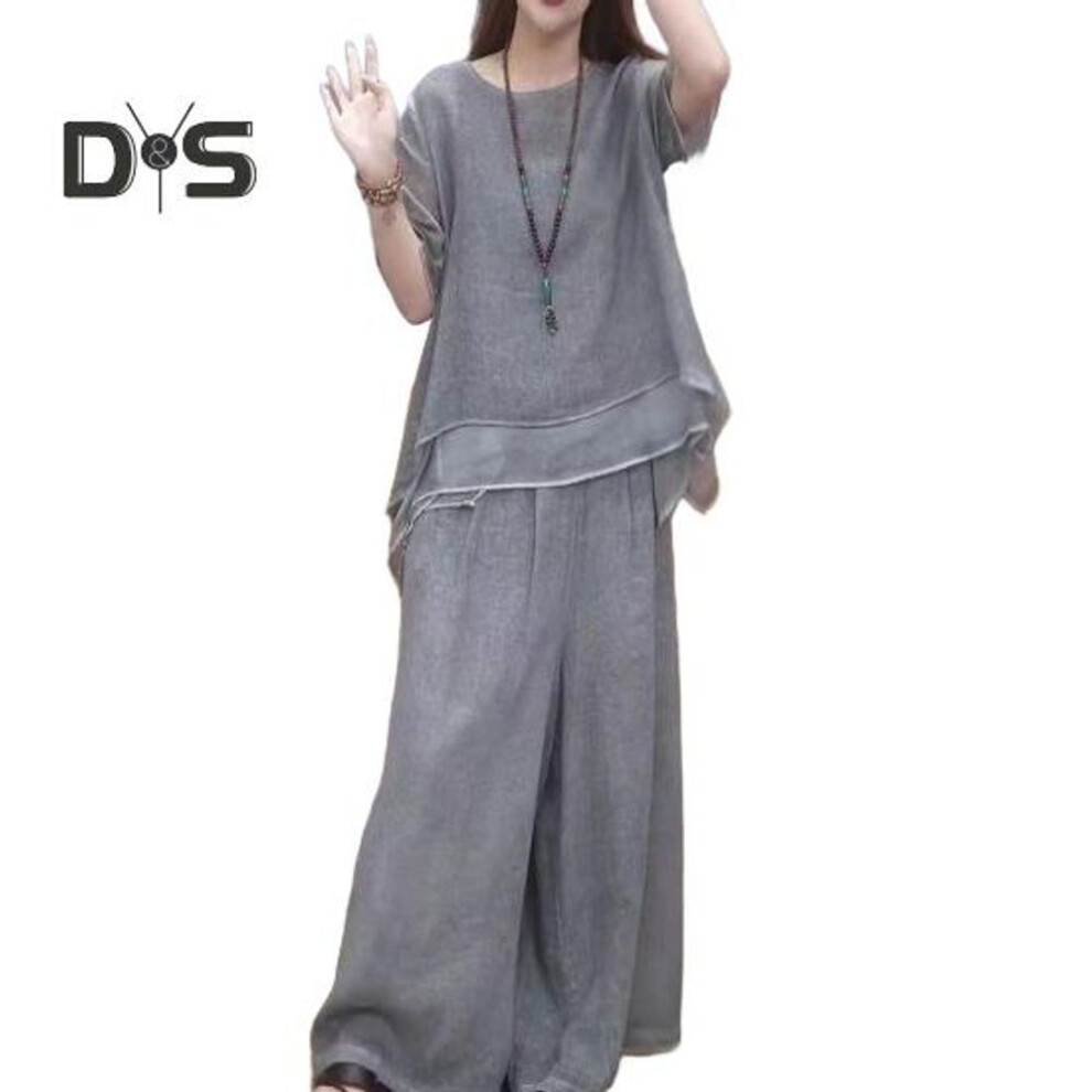(grey, 2XL) 2 Pcs/set Women Top Pants Set Round Neck Half Sleeves Irregular Hem Blouse Wide Leg Elastic Waist Wide Leg Trousers Daily Leisure Dating Outfit