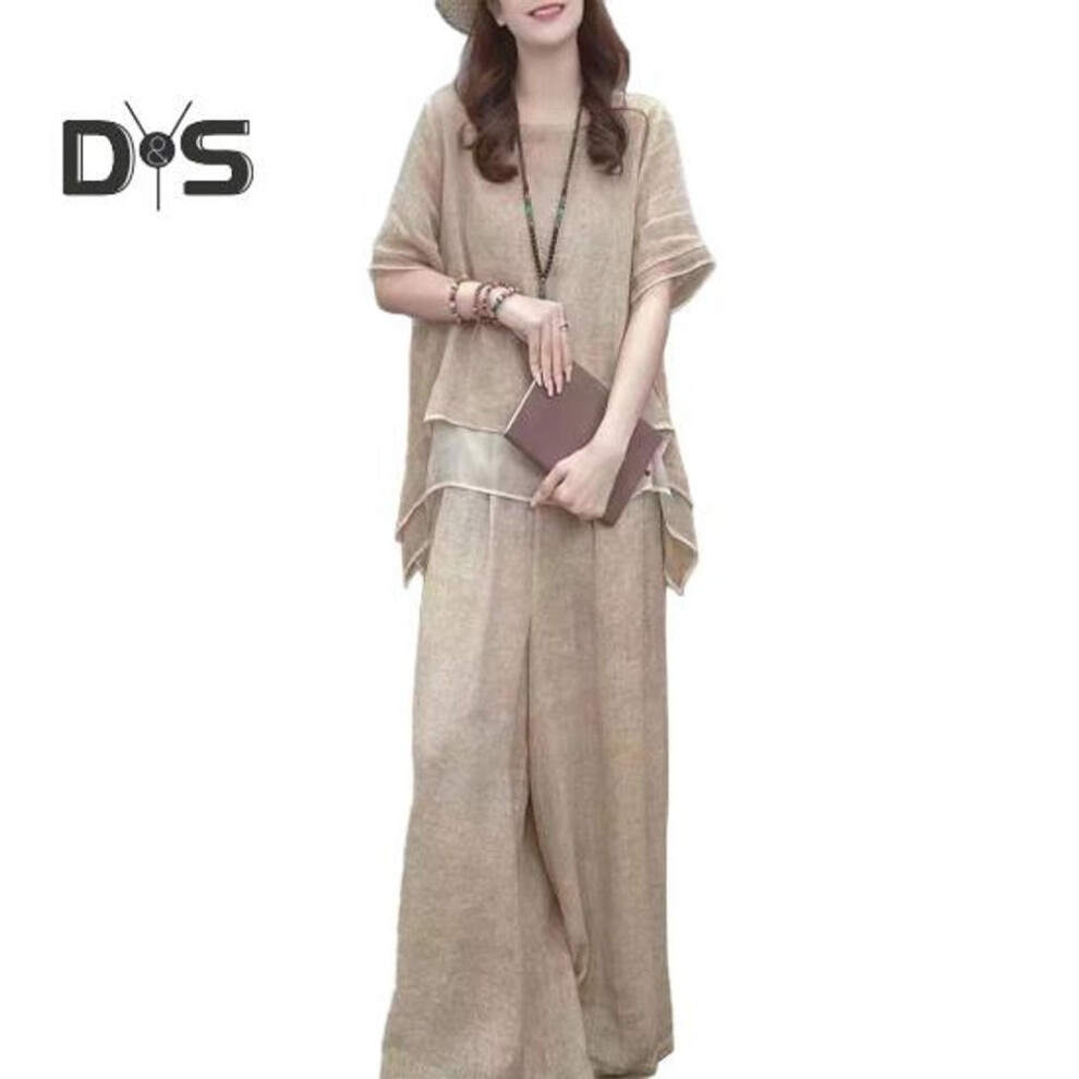 (khaki, 2XL) 2 Pcs/set Women Top Pants Set Round Neck Half Sleeves Irregular Hem Blouse Wide Leg Elastic Waist Wide Leg Trousers Daily Leisure Dating Outfit
