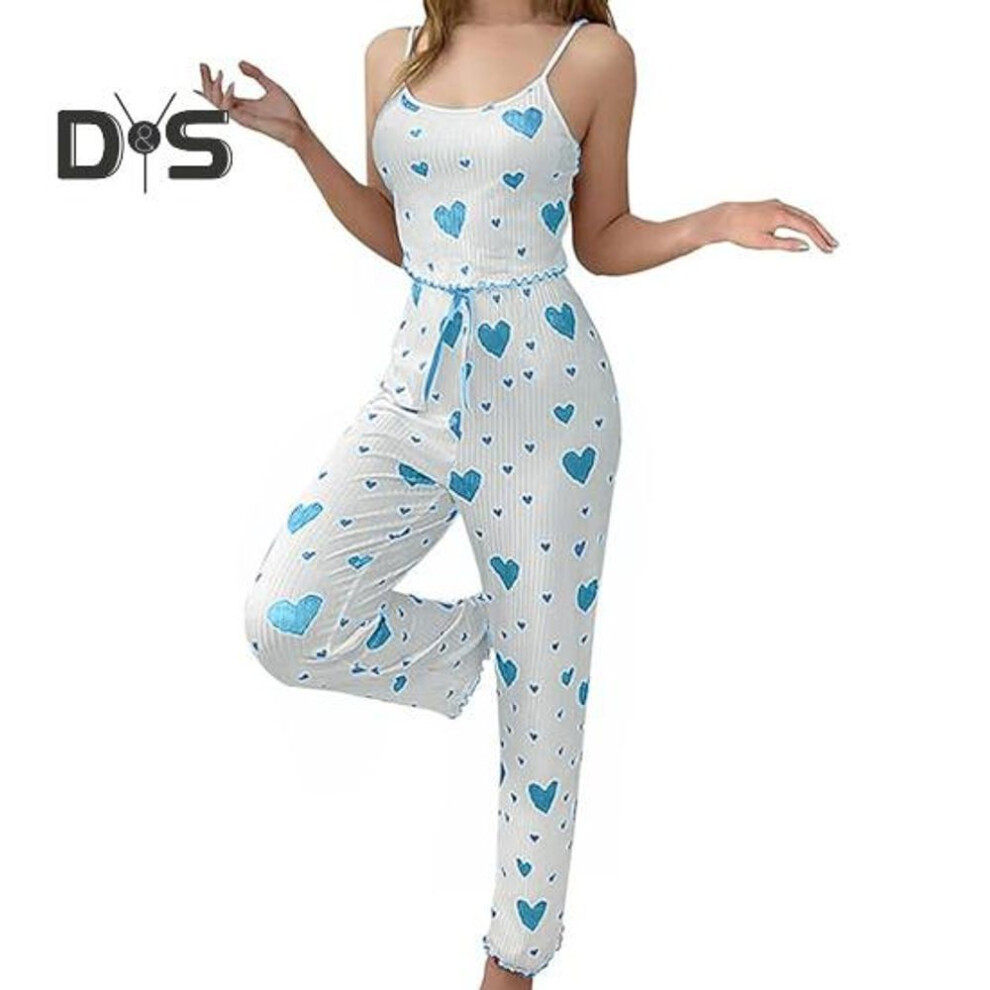 (XL, blue) 2 Pcs/Set Women Vest Pants Suit Bow Heart Print Sleeveless Shirring Edge Top High Waist Trousers Homewear Loungewear Outfit Summer Sleepwear