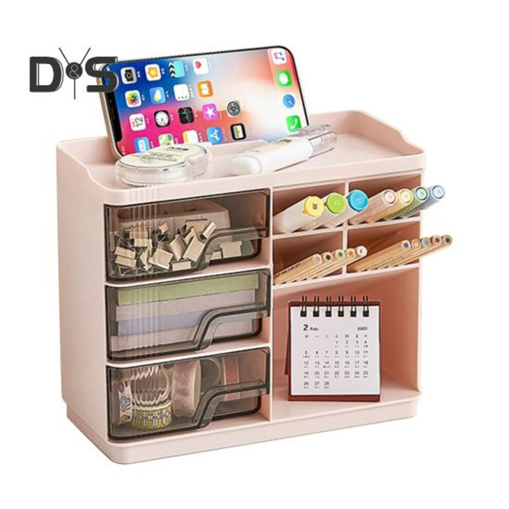 (pink) Desktop Storage Box Makeup Organizer With Drawers Large Capacity Multi-function Vanity Organizer Stackable Desk Organizer