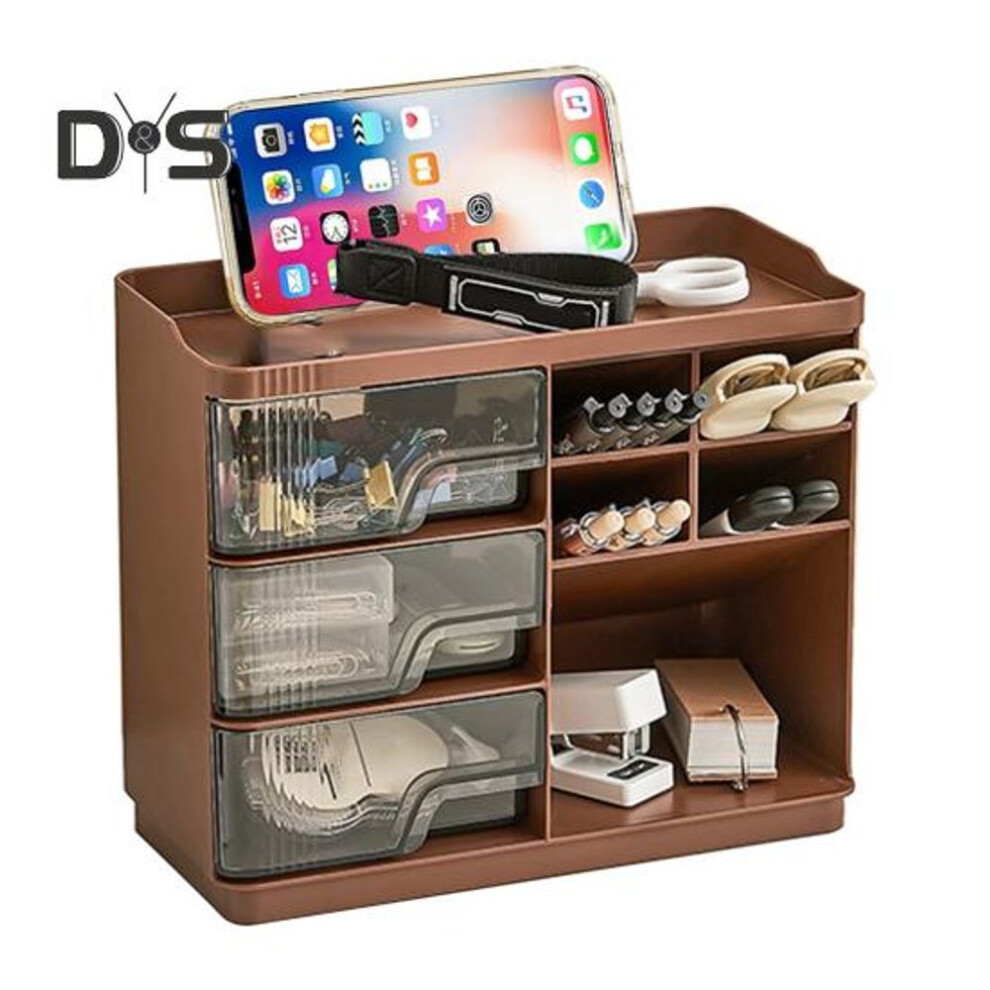 (dark coffee) Desktop Storage Box Makeup Organizer With Drawers Large Capacity Multi-function Vanity Organizer Stackable Desk Organizer