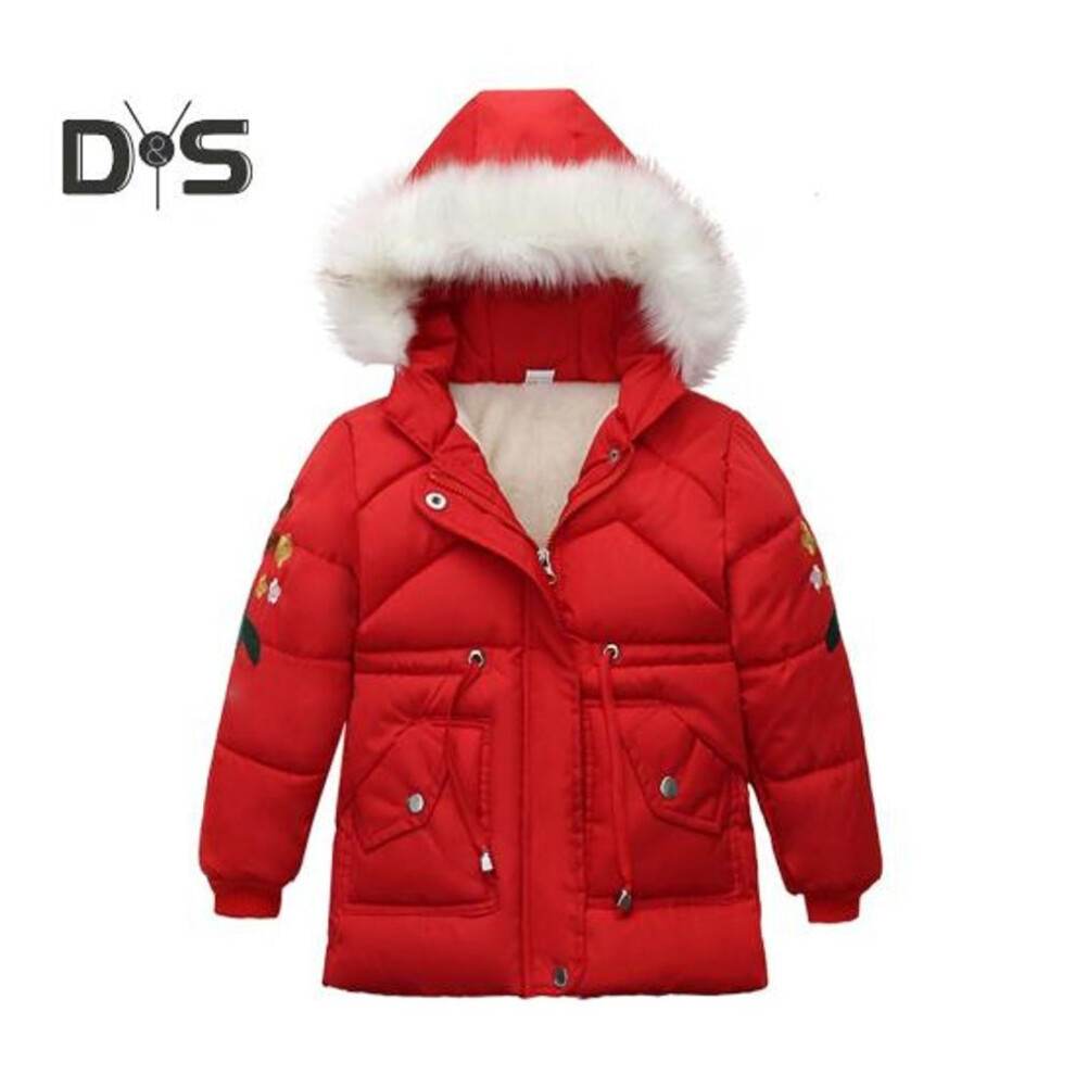 (red, 110 cm) Winter Children Coat with Pockets And Hood Windproof Snow Coat Thick Padded Fleece-lined Zip-up Cotton Snowsuit for Outdoor Activities