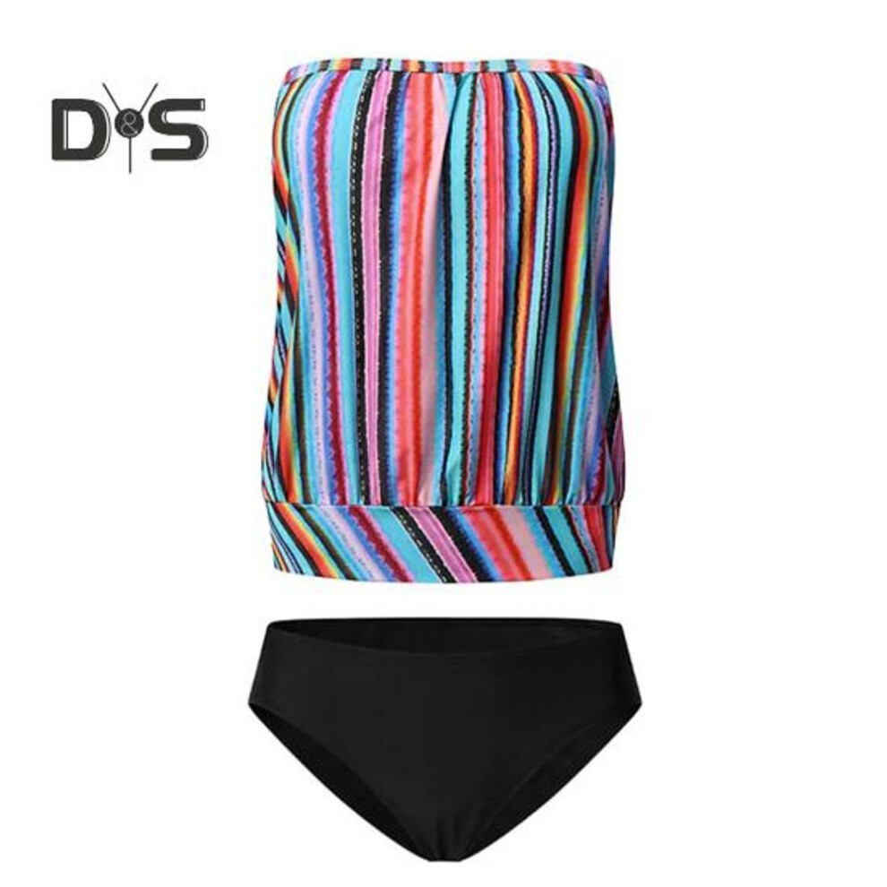 (XL Stripe, as the picture) 2pcs/set Women Swimsuit Set Bandeau Sleeveless Striped Print Swimming Tops High Waist Swimming Trunks Set Beachwear