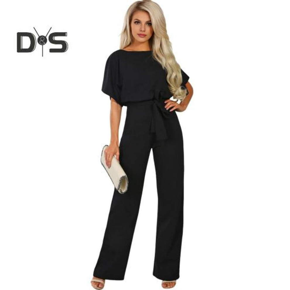 (L, black) Women Jumpsuit with Lace-up Belt Wide Leg Short Sleeves Pure Color O Neck High Waist Outfit Casual Formal Long Romper Outfit