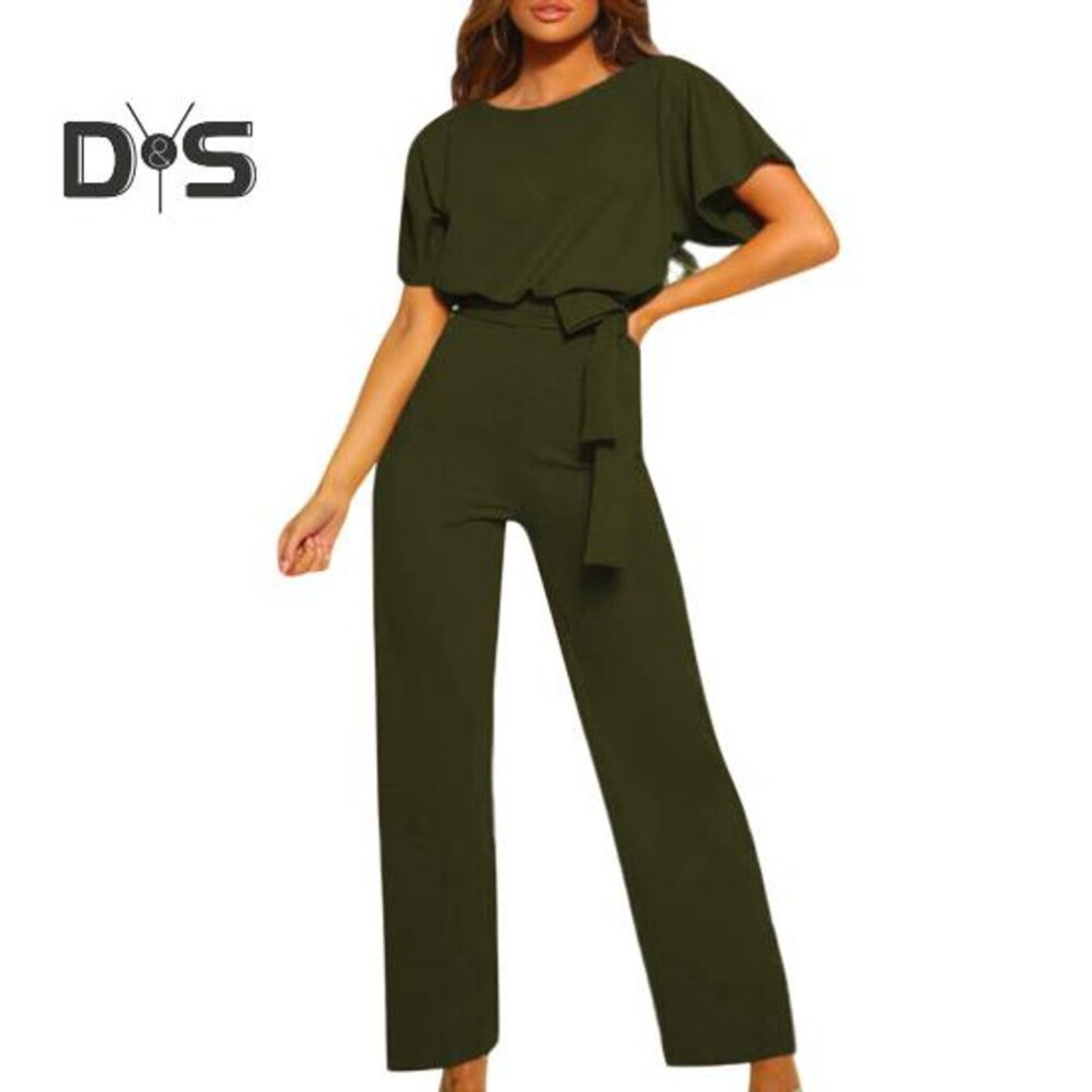 (M, army green) Women Jumpsuit with Lace-up Belt Wide Leg Short Sleeves Pure Color O Neck High Waist Outfit Casual Formal Long Romper Outfit