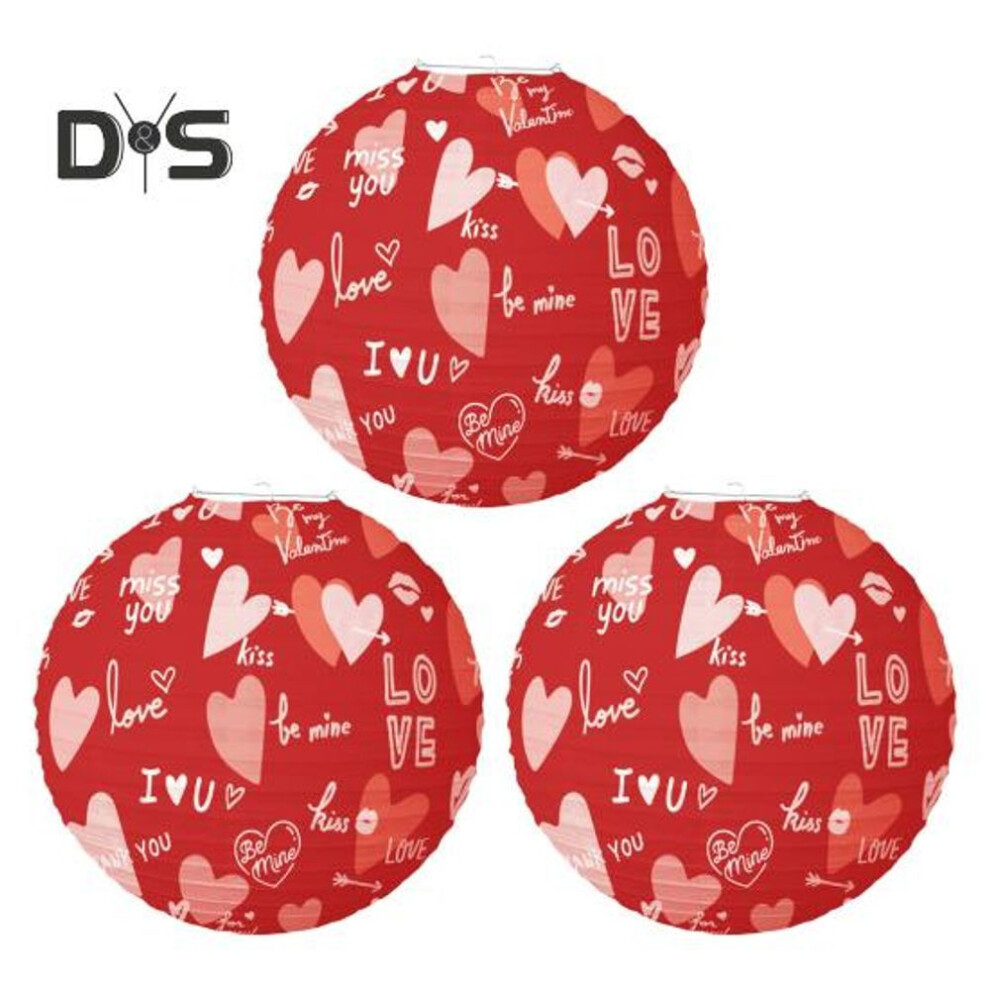 (red) 3 Pcs Valentine's Day Paper Lanterns Red Pink Love Heart Hanging Lanterns Round Party Lanterns For Wedding Anniversary Decor