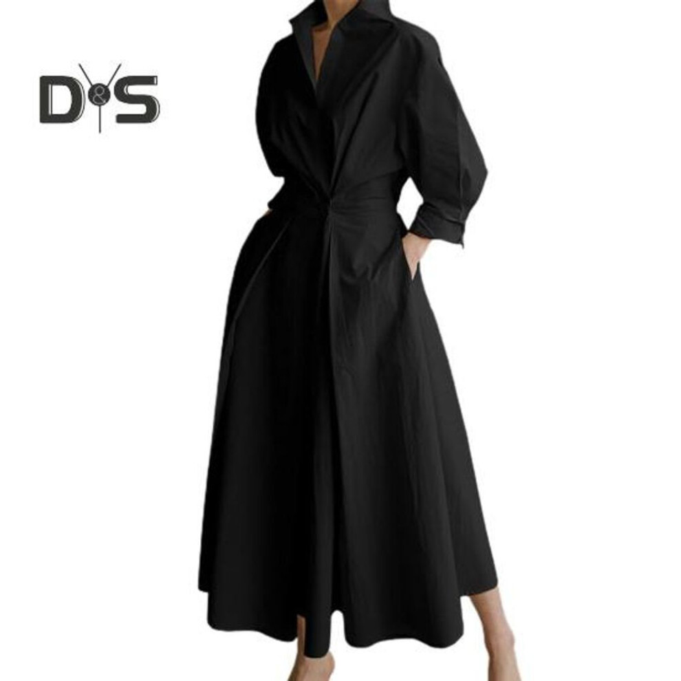 (black, XXXXXL) Women's Long Sleeve Button Down Shirt Dress Casual A-Line Midi Dress Loose Fit Lapel Collar Long Dress for Office Parties And Beach