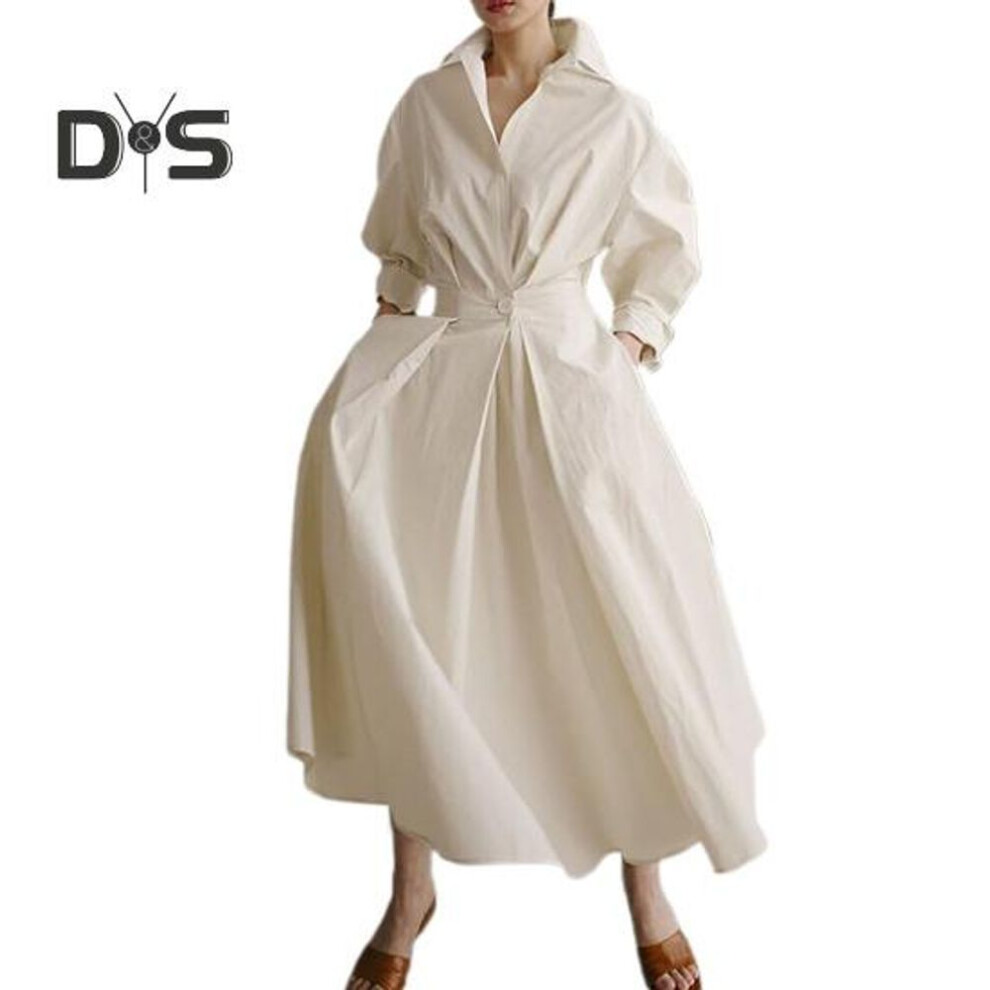 (apricot, XXXL) Women's Long Sleeve Button Down Shirt Dress Casual A-Line Midi Dress Loose Fit Lapel Collar Long Dress for Office Parties And Beach