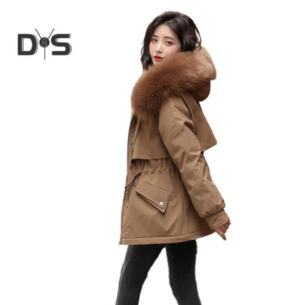 (coffee, M) Women Padded Jacket Thickened Plush Lined Coat with Drawstring Waist Winter Warm Puffer Jacket with Faux Fur Hood for Work Streetwear