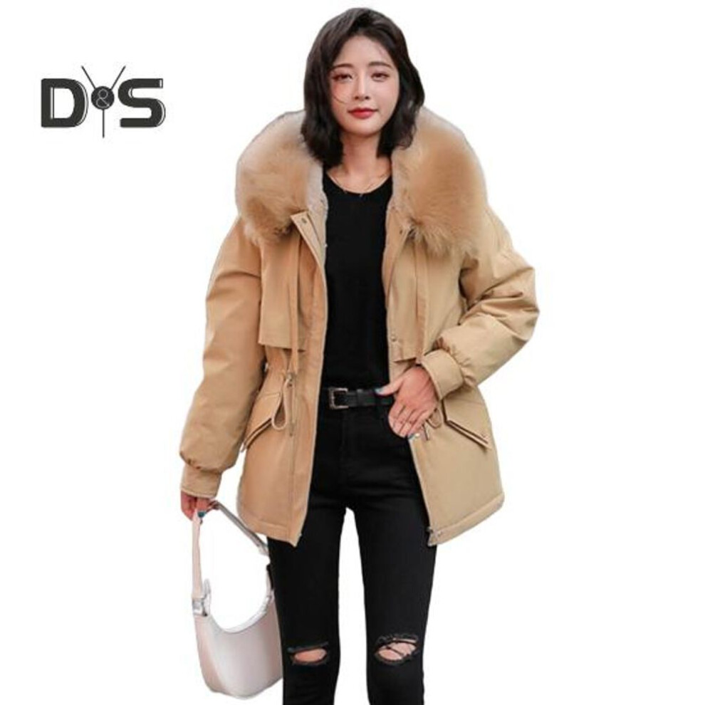 (khaki, L) Women Padded Jacket Thickened Plush Lined Coat with Drawstring Waist Winter Warm Puffer Jacket with Faux Fur Hood for Work Streetwear
