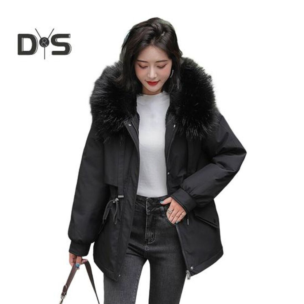 (black, XXXL) Women Padded Jacket Thickened Plush Lined Coat With Drawstring Waist Winter Warm Puffer Jacket With Faux Fur Hood For Work Streetwear