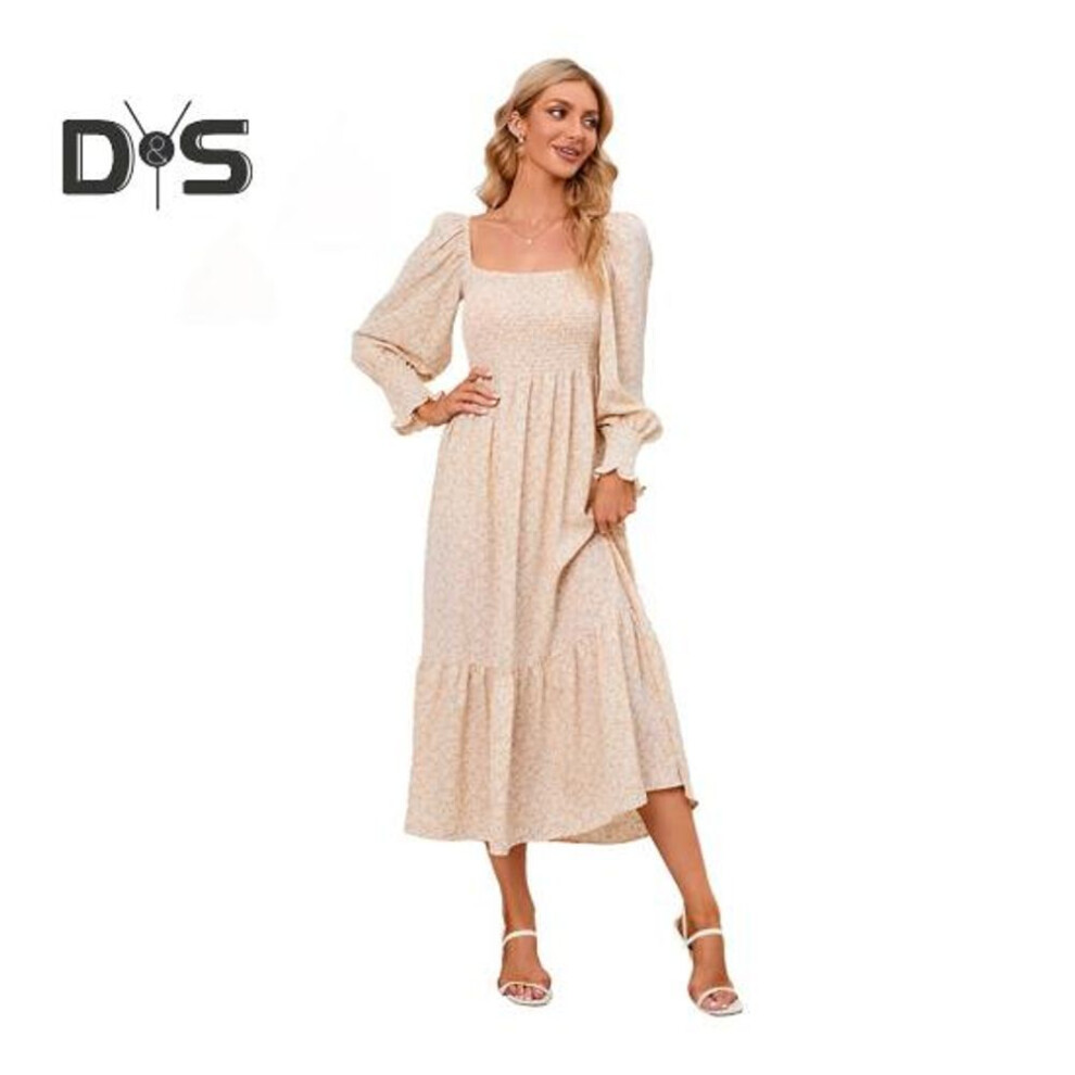 (apricot, XXL) Women Dress Long Sleeves Flower Print A-line Square Neck Midi Dress Elastic Bust Backless Patchwork Hem Pleated Spring Fall Dress