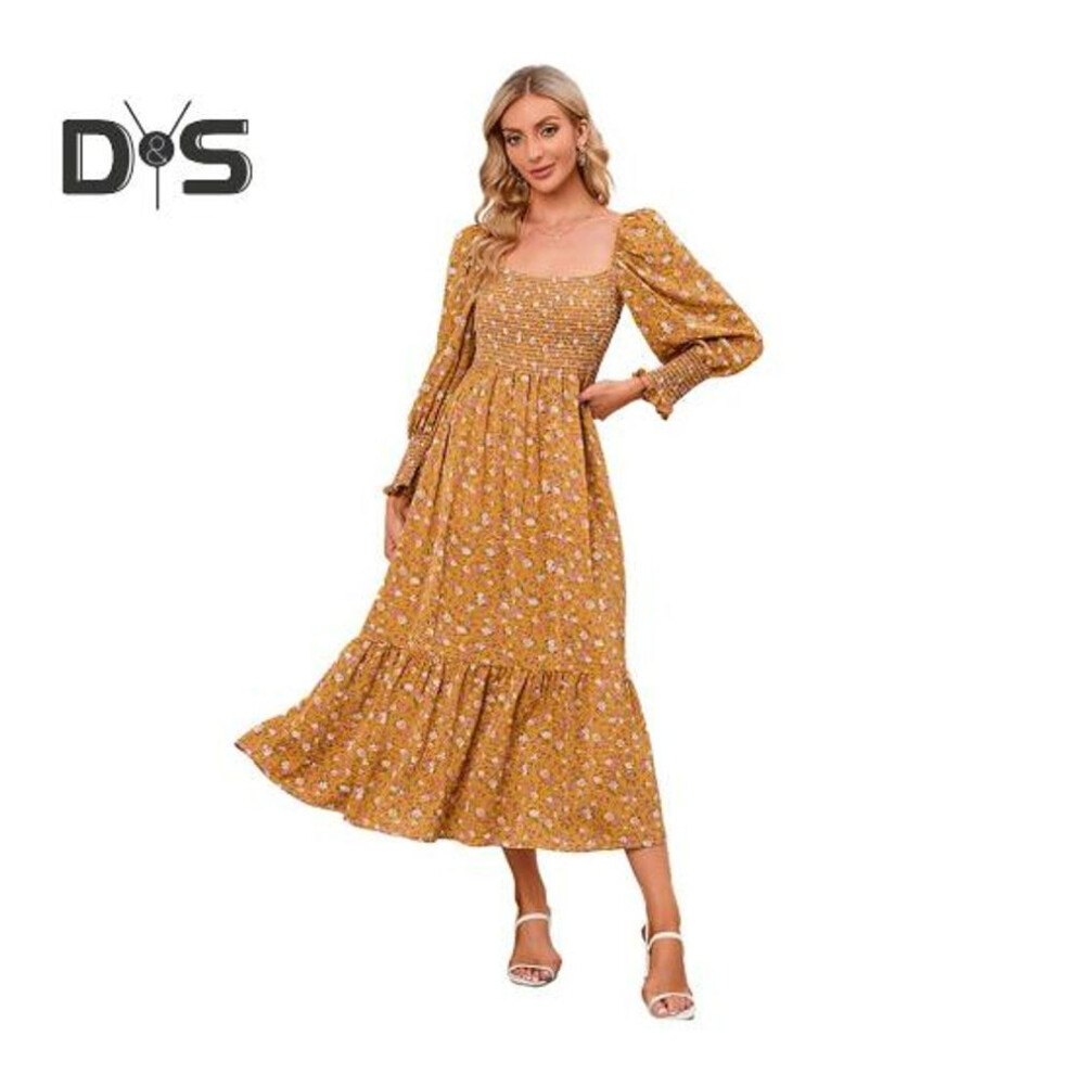 (yellow, XXL) Women Dress Long Sleeves Flower Print A-line Square Neck Midi Dress Elastic Bust Backless Patchwork Hem Pleated Spring Fall Dress