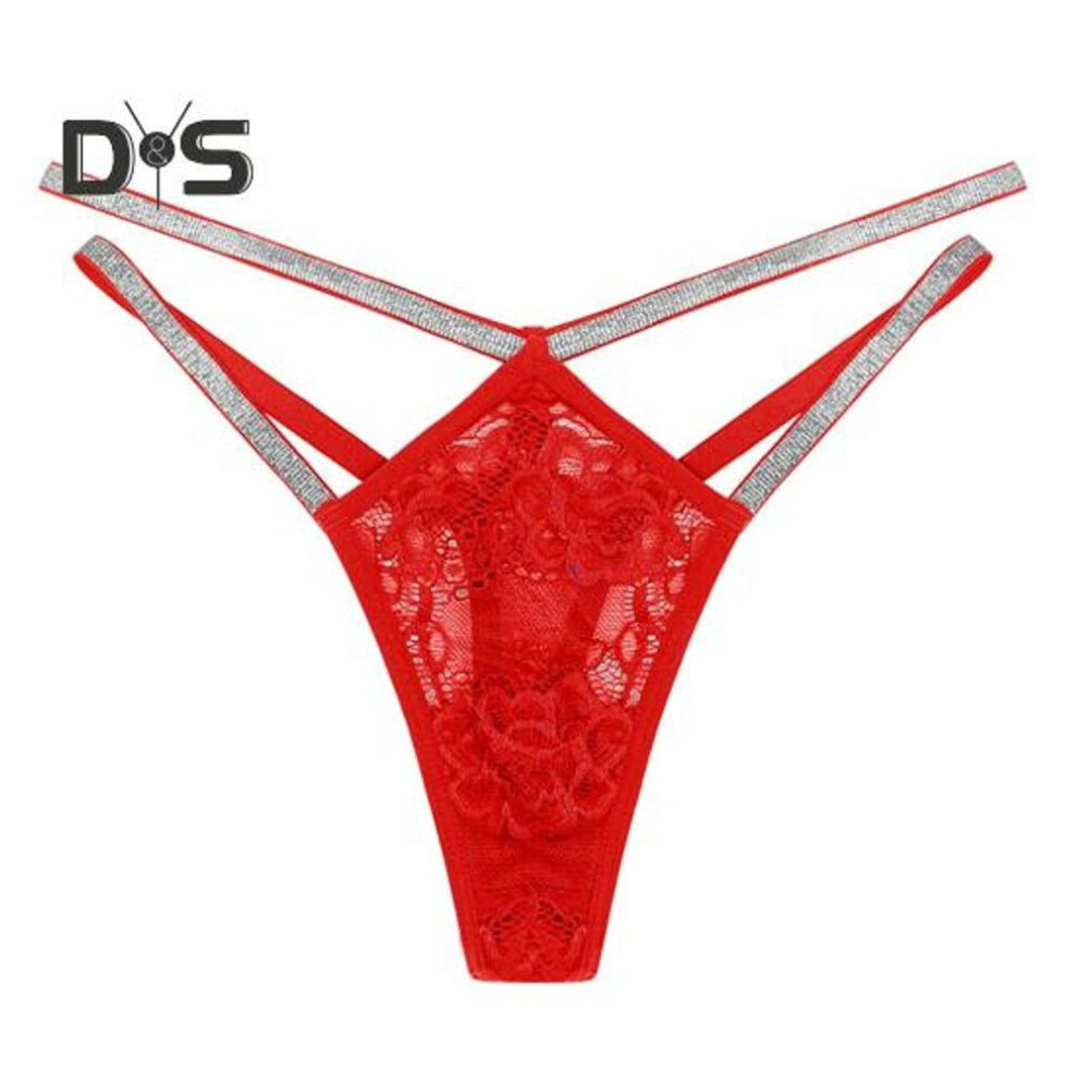 (red, S) Sexy Women G String Thong Low Waist See Through Sheer Hollow Floral Lace Rhinestone Straps Breathable Soft Ladies Underwear Brief Panties