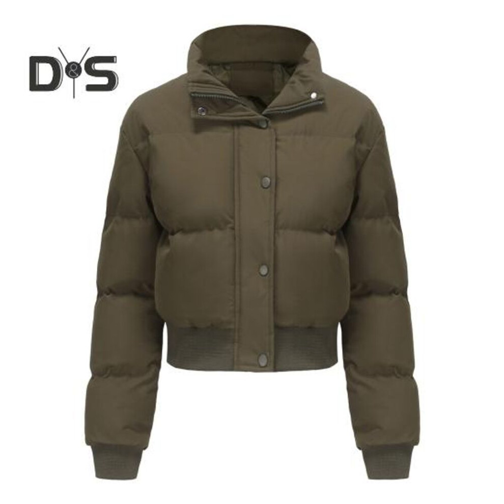 (army green, L) Women's Short Thicken Jacket Zip Up Solid Warm Coat For Autumn Winter Lightweight High Collar Padded Coat For Daily Wear Work