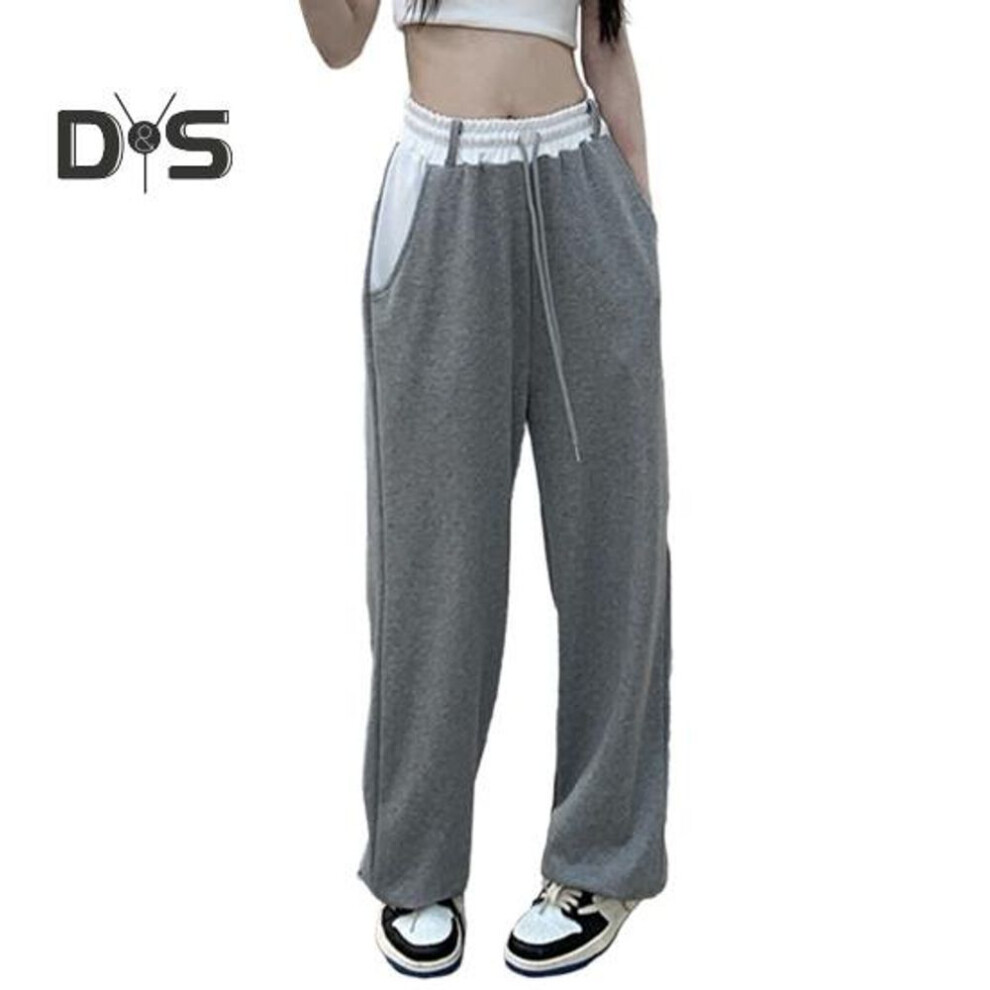 (grey, 2XL) Women Sweatpants Color Matching Pockets Drawstring Elastic Waist Wide Leg Deep Crotch High Waist Soft Ankle-banded Loose Lady Fall Spring Sports