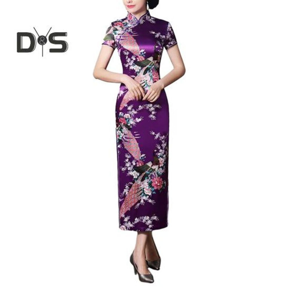 (L, purple) Women Dress Chinese National Style Floral Print Stand Collar Short Sleeves High Side Split Chinese Knot Buttons Cheongsam Satin Silky Slim Fit Summer