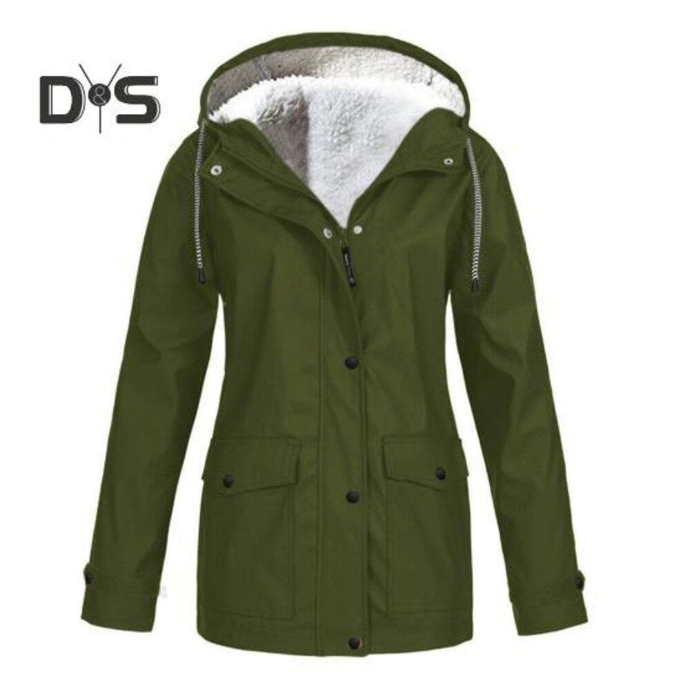 (army green, XL) Women Winter Coat Fleece-lined Hooded Press Button Zipper Closure Outerwear Mid Length Plus Size Solid Color Parka with Pockets Warm Down Jacket