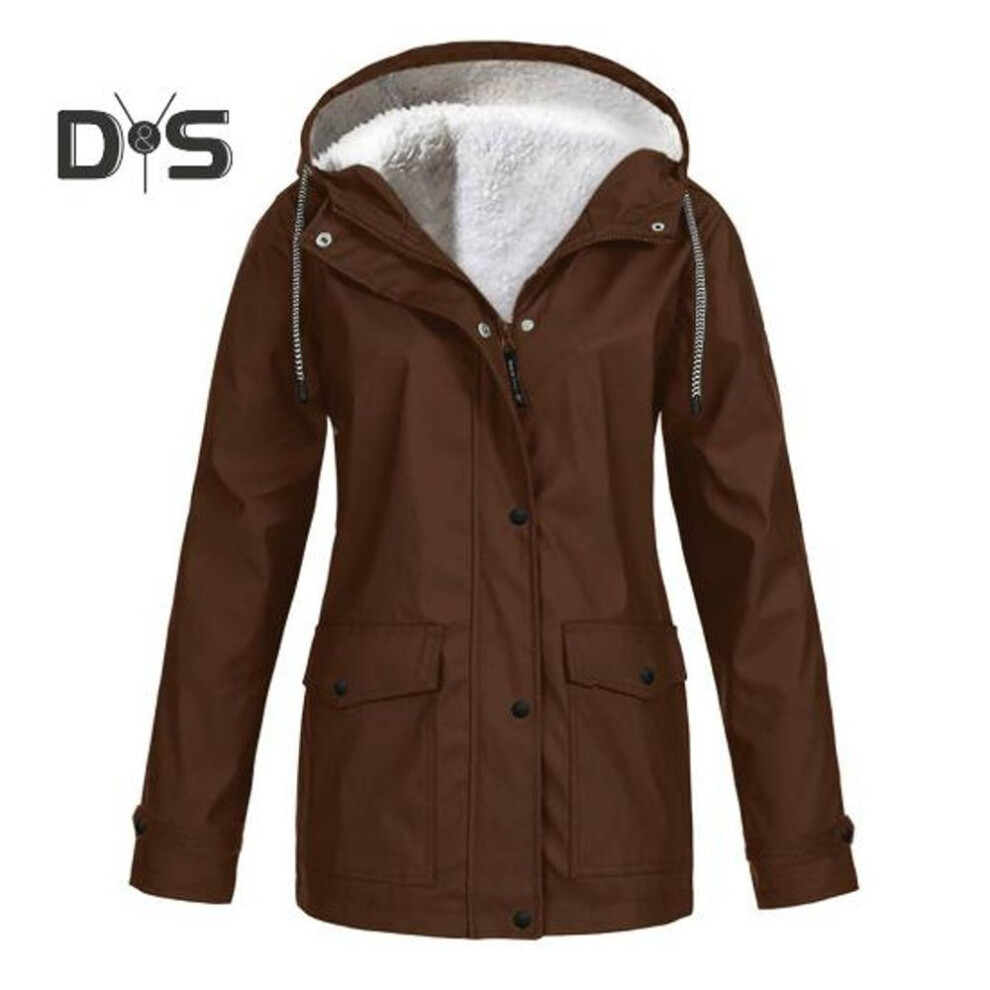 (brown, L) Women Winter Coat Fleece-lined Hooded Press Button Zipper Closure Outerwear Mid Length Plus Size Solid Color Parka with Pockets Warm Down Jacket