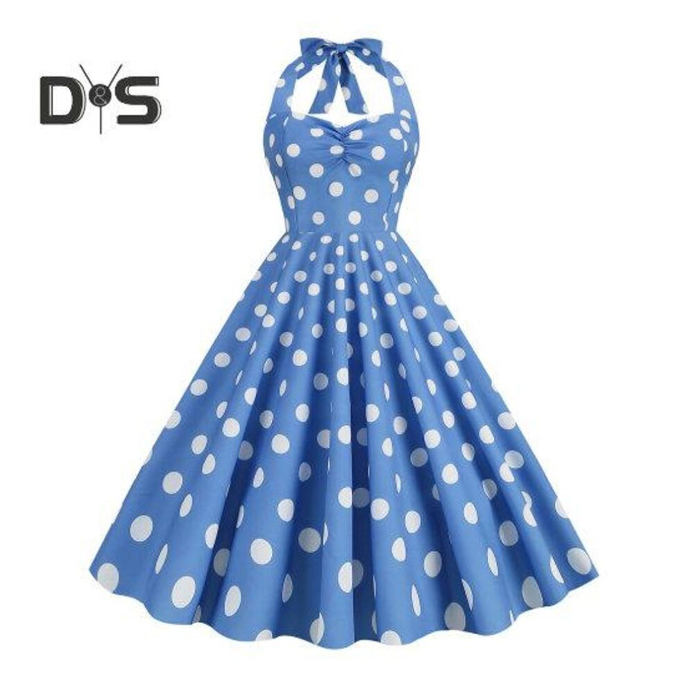 (light blue, S) Women Vintage Dress 50s Retro A-line Big Swing Sleeveless Dot Print Contrast Color Elastic Bust Halter Neck High Tight Waist Backless Knee Length