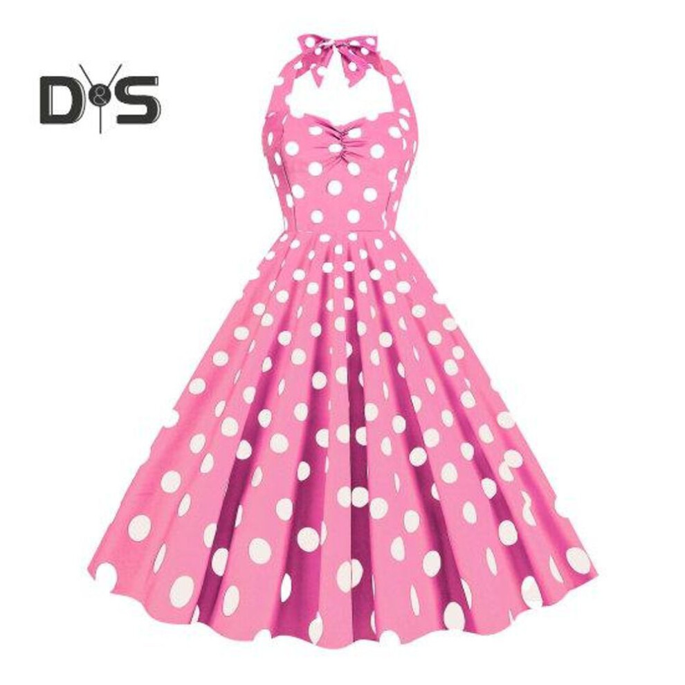 (pink, S) Women Vintage Dress 50s Retro A-line Big Swing Sleeveless Dot Print Contrast Color Elastic Bust Halter Neck High Tight Waist Backless Knee Length