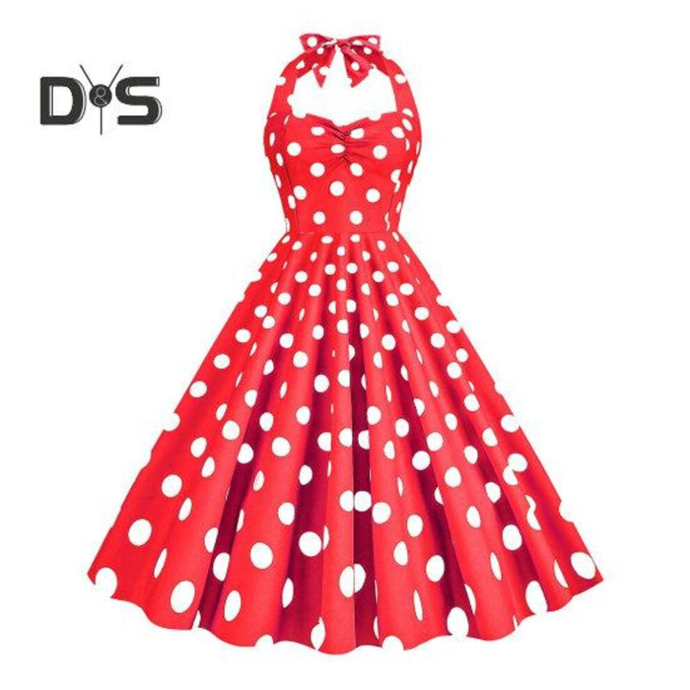 (red, M) Women Vintage Dress 50s Retro A-line Big Swing Sleeveless Dot Print Contrast Color Elastic Bust Halter Neck High Tight Waist Backless Knee Length