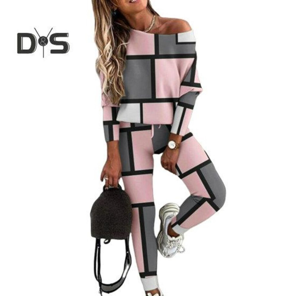(pink, M) 2 Pcs/Set Women Top Pants Suit Color Matching Off Shouder Long Sleeve Loose Elastic Waist Patchwork Women Spring Fall T-shirt Trousers Set Lady