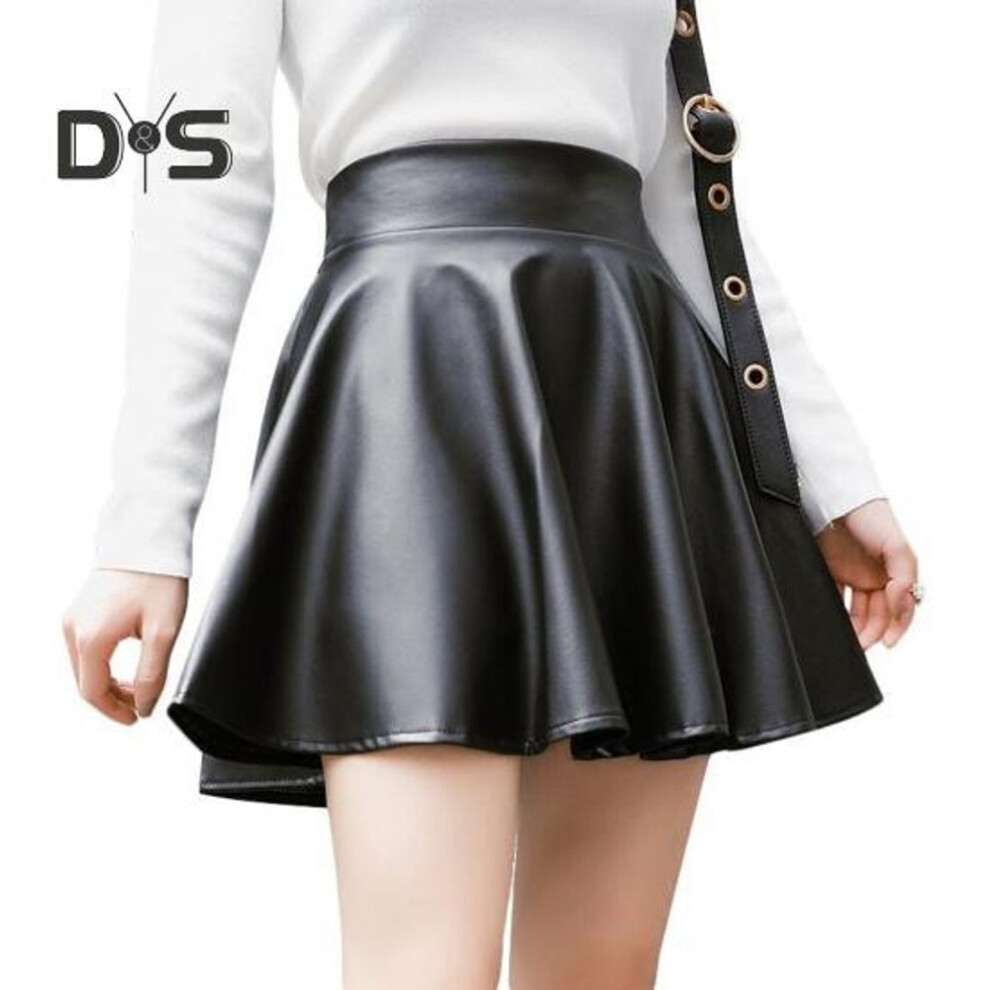 (M, black) Women Faux Leather Skirt High Waist Elastic Waist Solid Color Soft Pleated Skirt Breathable Smooth Above Knee Length Club Nightclub Short Mini Skirt