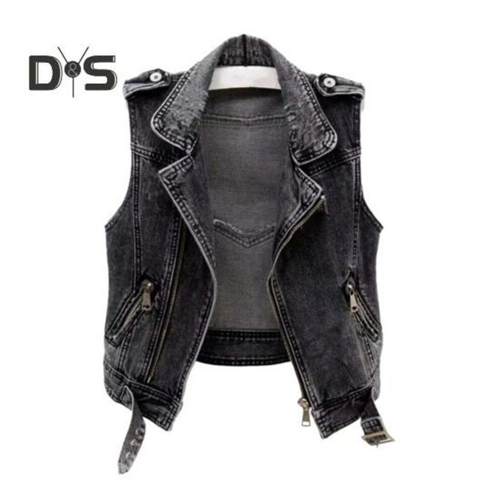 (black gray, 4XL) Women Denim Vest Sleeveless Lapel Solid Color Hip Hop Vintage Zip Up Zipper Pockets Streetwear Plus Size Lady Spring Autumn Short Waistcoat