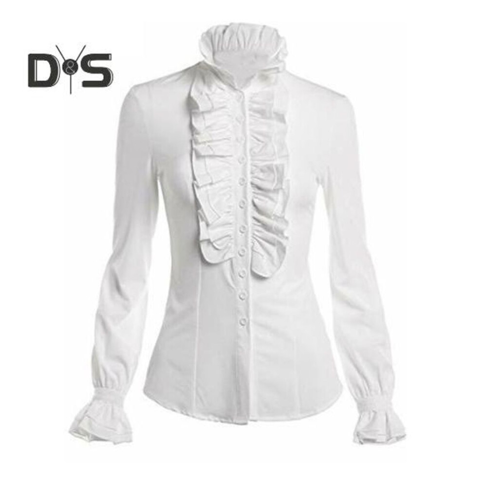 (S, white) Women Tops Retro Ruffle Slim Fit Breathable Comfortable Long Sleeve Solid Colour Fashionable Blouse
