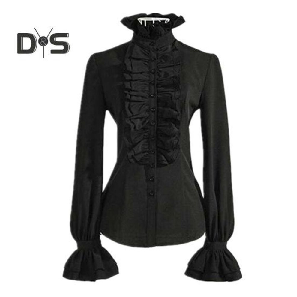 (2XL, black) Women Tops Retro Ruffle Slim Fit Breathable Comfortable Long Sleeve Solid Colour Fashionable Blouse
