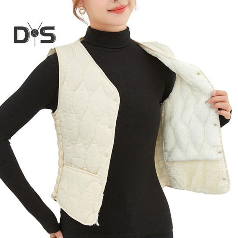 (beige, L) Women Fall Winter Vest Coat Soft Thick Padded Sleeveless Single Breasted Solid Color V Neck Cardigan Slim Fit Warm Pockets Lady Waistcoat
