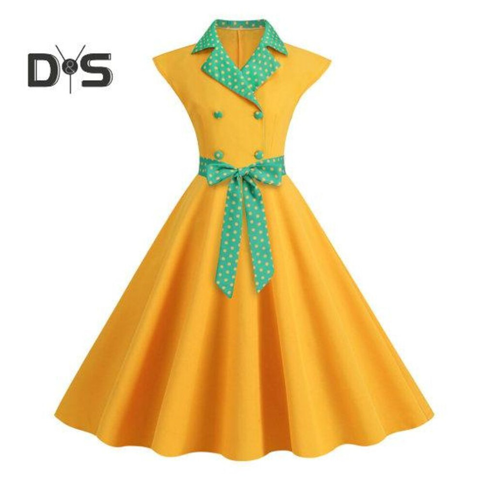 (yellow, 2XL) Elegant Ladies Dress Dot Printed Lapel Collar Bow on Waist Sweet Style Casual Party Dress Sleeveless Tight Waist Slim Mid-length Dress Women Summer