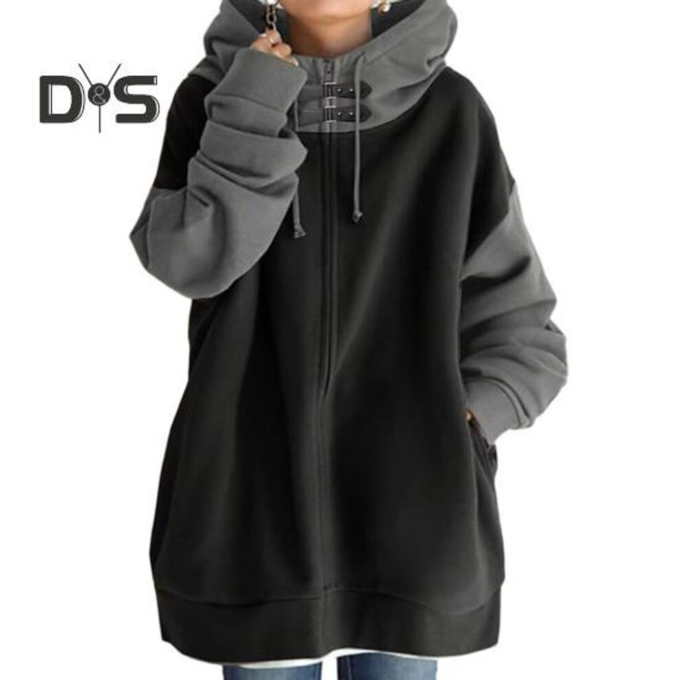 (M, black) Women Winter Auutmn Hoodie Patchwork Contrast Color Hidded Zipper Long Sleeve Mid Length Loose Pullover Pockets Drawstring Hooded Thick Lady Hoodie