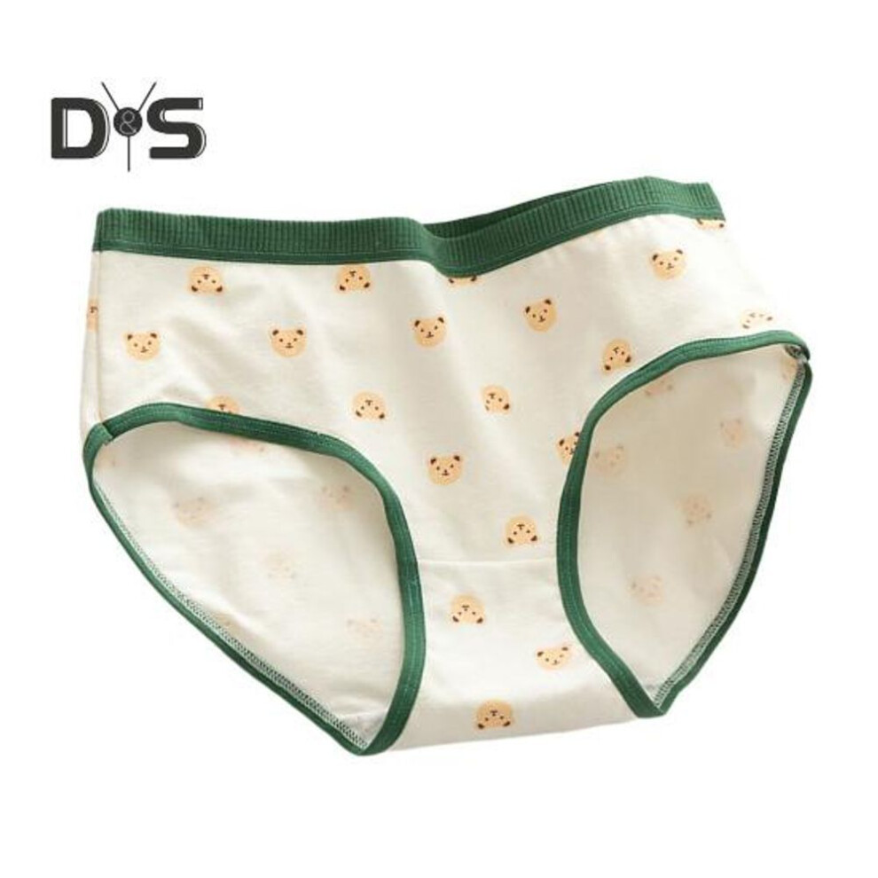 (white, XL) Japanese Style Teenage Girls Panties Cute Bear Pattern Green Cotton Crotch Briefs Mid Rise Cartoon Student Underpants