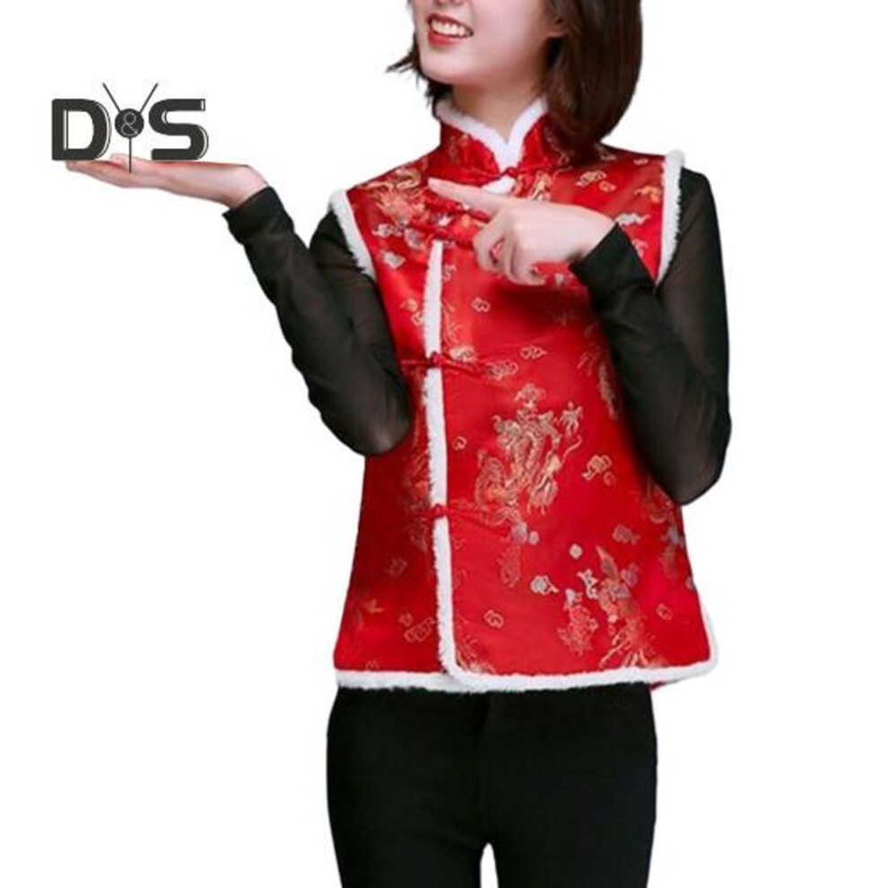 (M B, as the picture) Women Winter Vest Chinese New Year Style Stand Collar Neck Protection Sleeveless Single-breasted Printed Thickened Festive Warm Spring Festival