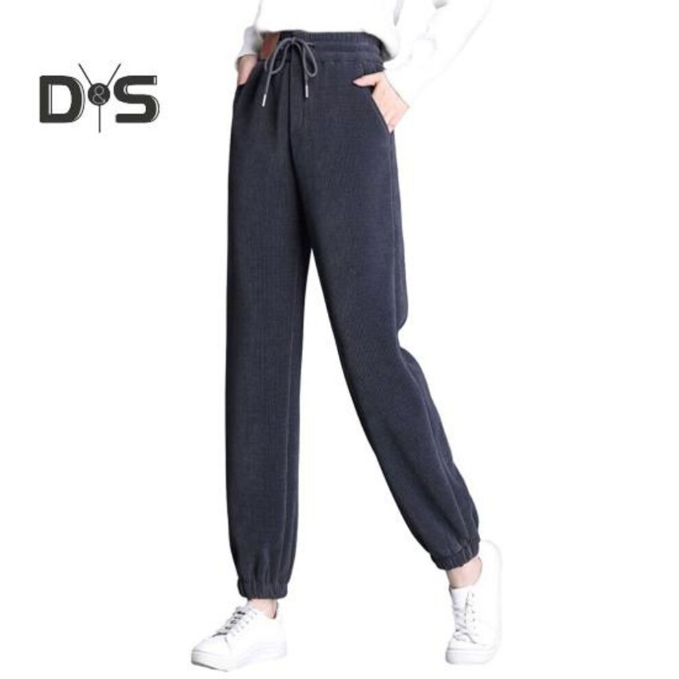 (dark gray, 3XL) Women Winter Fall Pants Thick Plush Drawstring Elastic Waist Pockets Ankle-banded Thermal Cold Resistant Pure Color Loose Women Casual Harem Pants