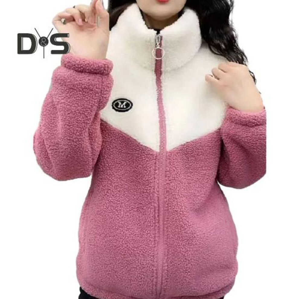 (pink, L) Women Winter Fall Coat Thickened Plush Color Matching Stand Collar Zipper Closure Long Sleeve Casual Cardigan Warm Heat Retention Pockets Lady Plus