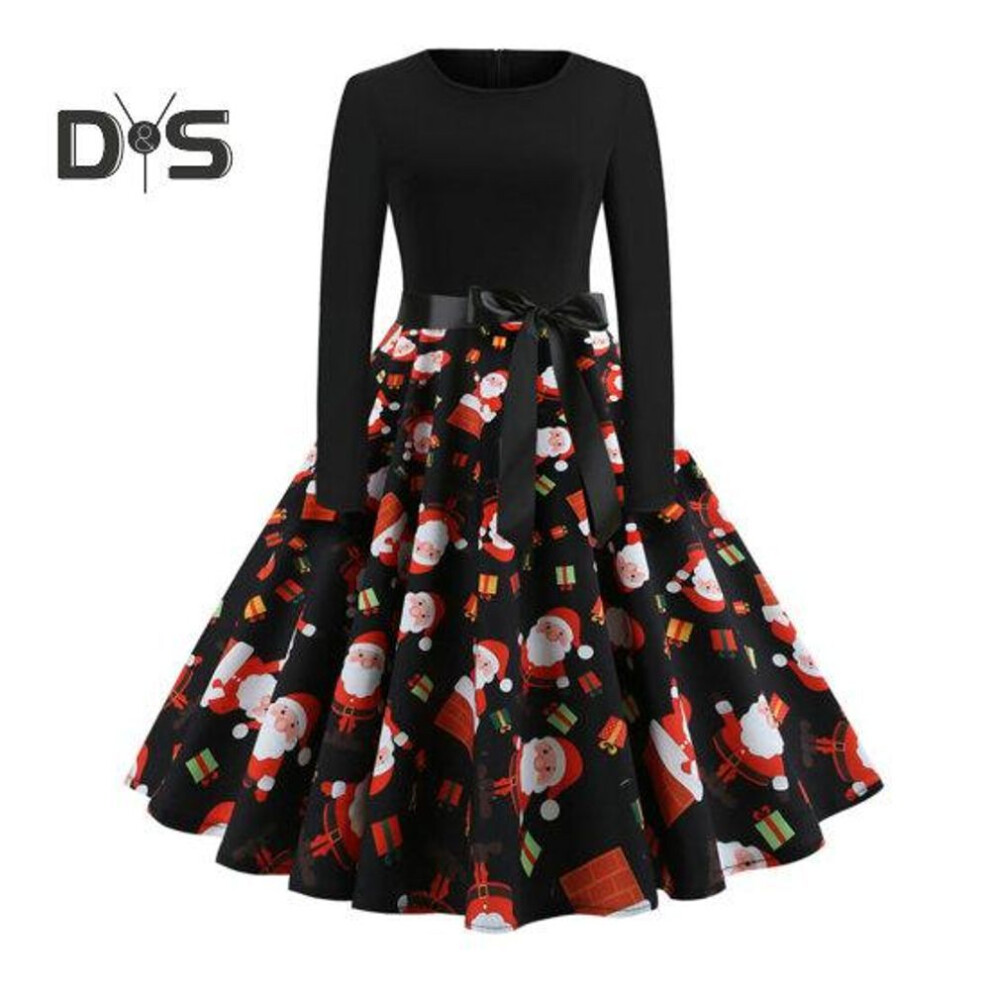 (red black, L) Women Chirstmas Dress Round Neck A-line Loose Hem Long Sleeve Mid Waist Cartoon Santa Claus Print Big Swing Lady New Year Party Prom Midi Evening