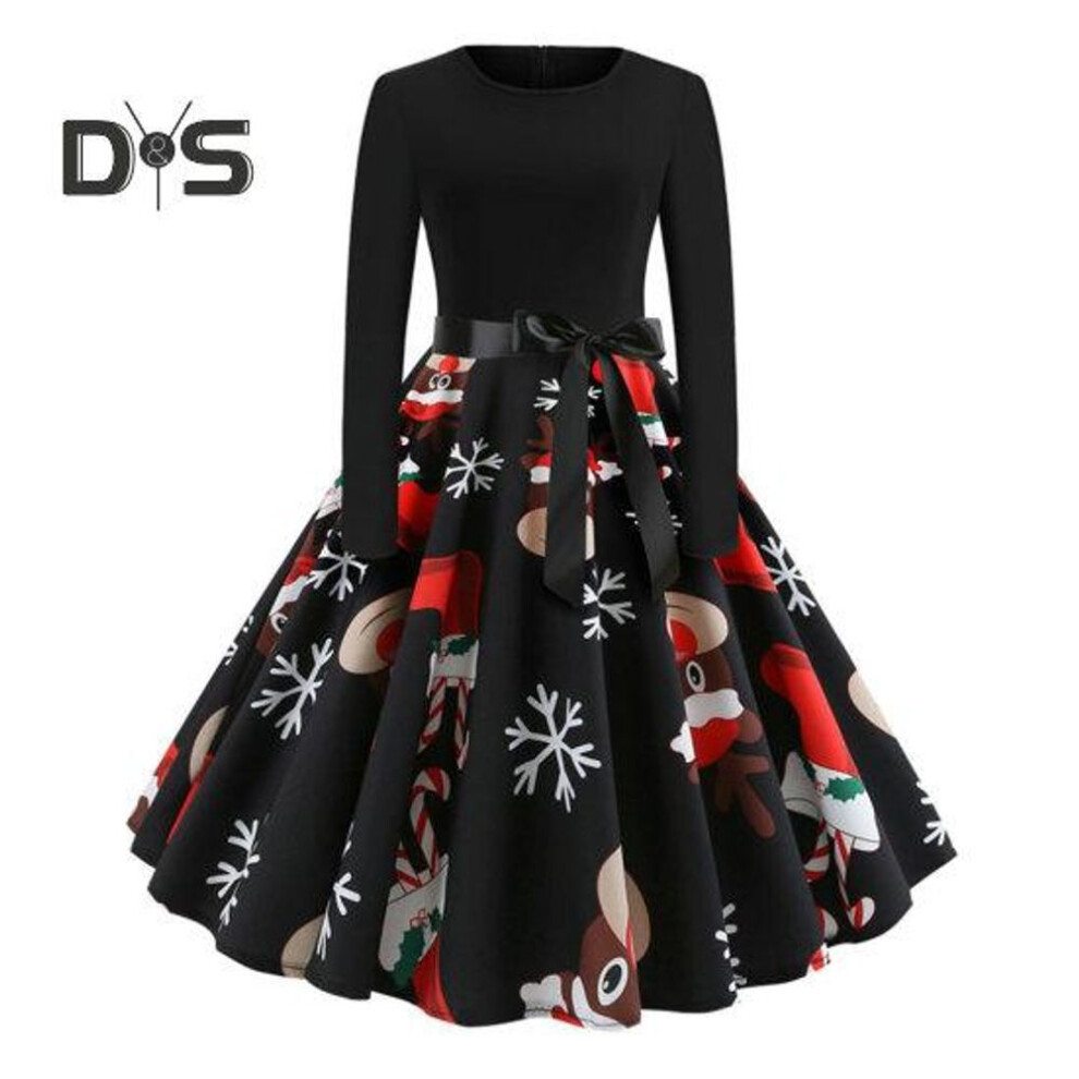 (black, 4XL) Women Chirstmas Dress Round Neck A-line Loose Hem Long Sleeve Mid Waist Cartoon Santa Claus Print Big Swing Lady New Year Party Prom Midi Evening