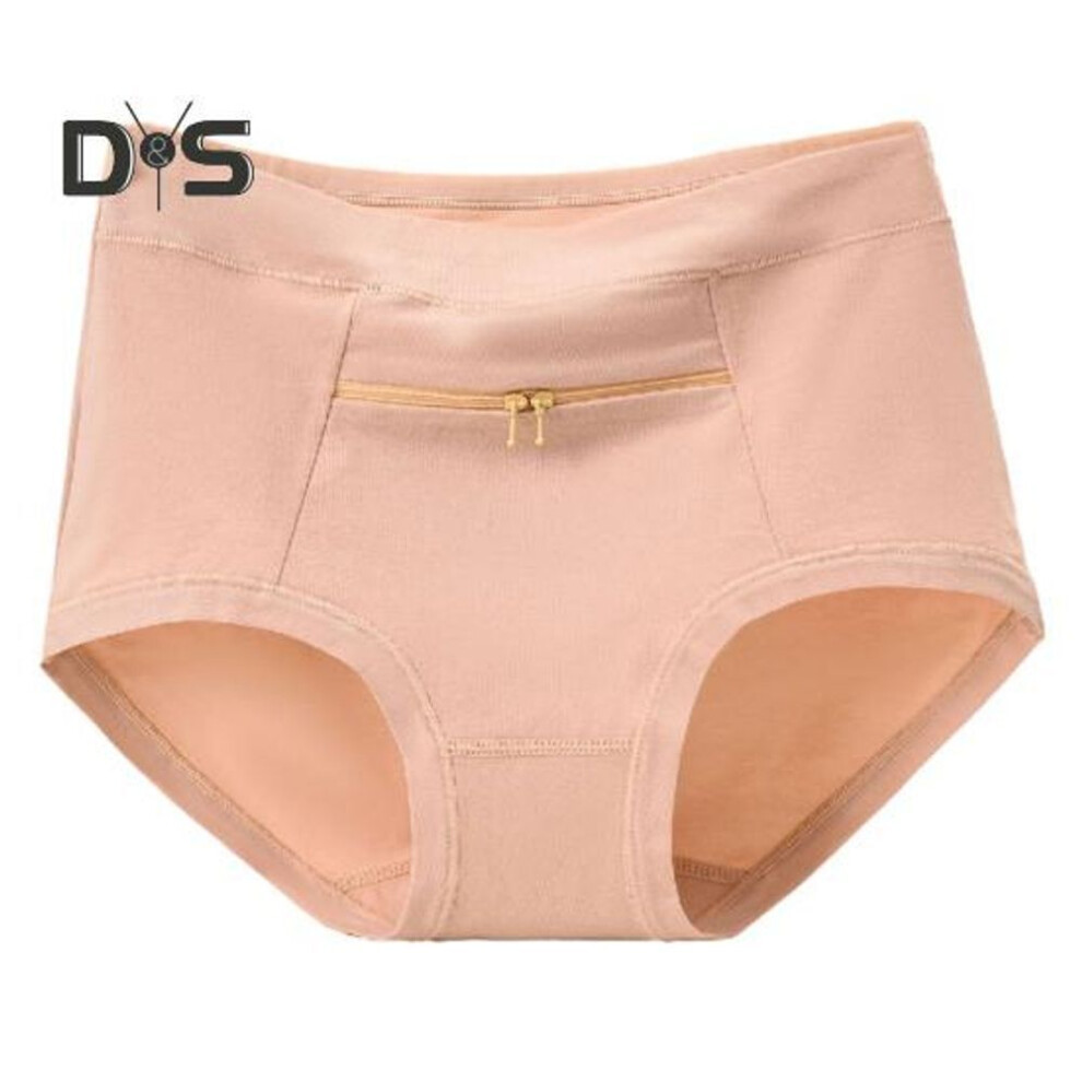 (beige, L) Women Underwear Anti theft Zipper Pocket High Waist Seamless Stretch Breathable Cotton Middle aged Mom Grandma Brief Panties Underpants