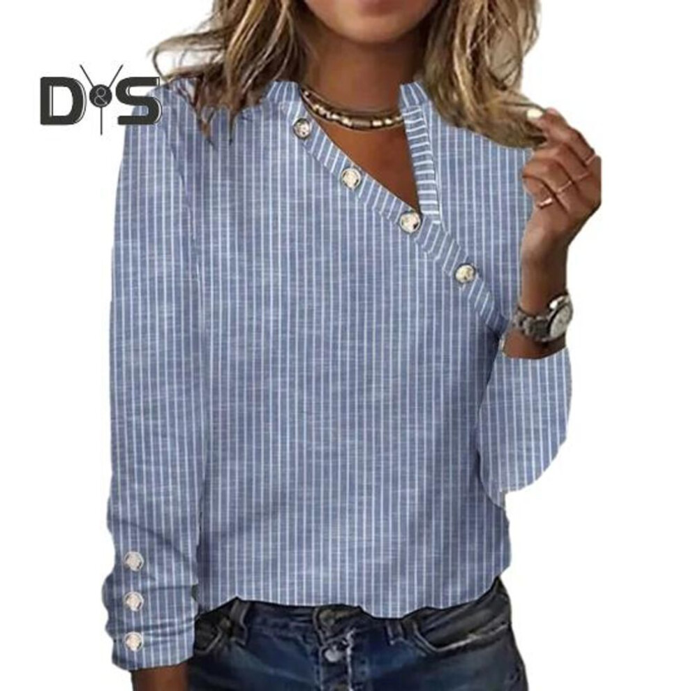 (M, blue) Women Spring Fall Shirt Striped Color Matching Button Decor Oblique Neck Long Sleeve Soft Pullover Soft Mid Length Casual Top