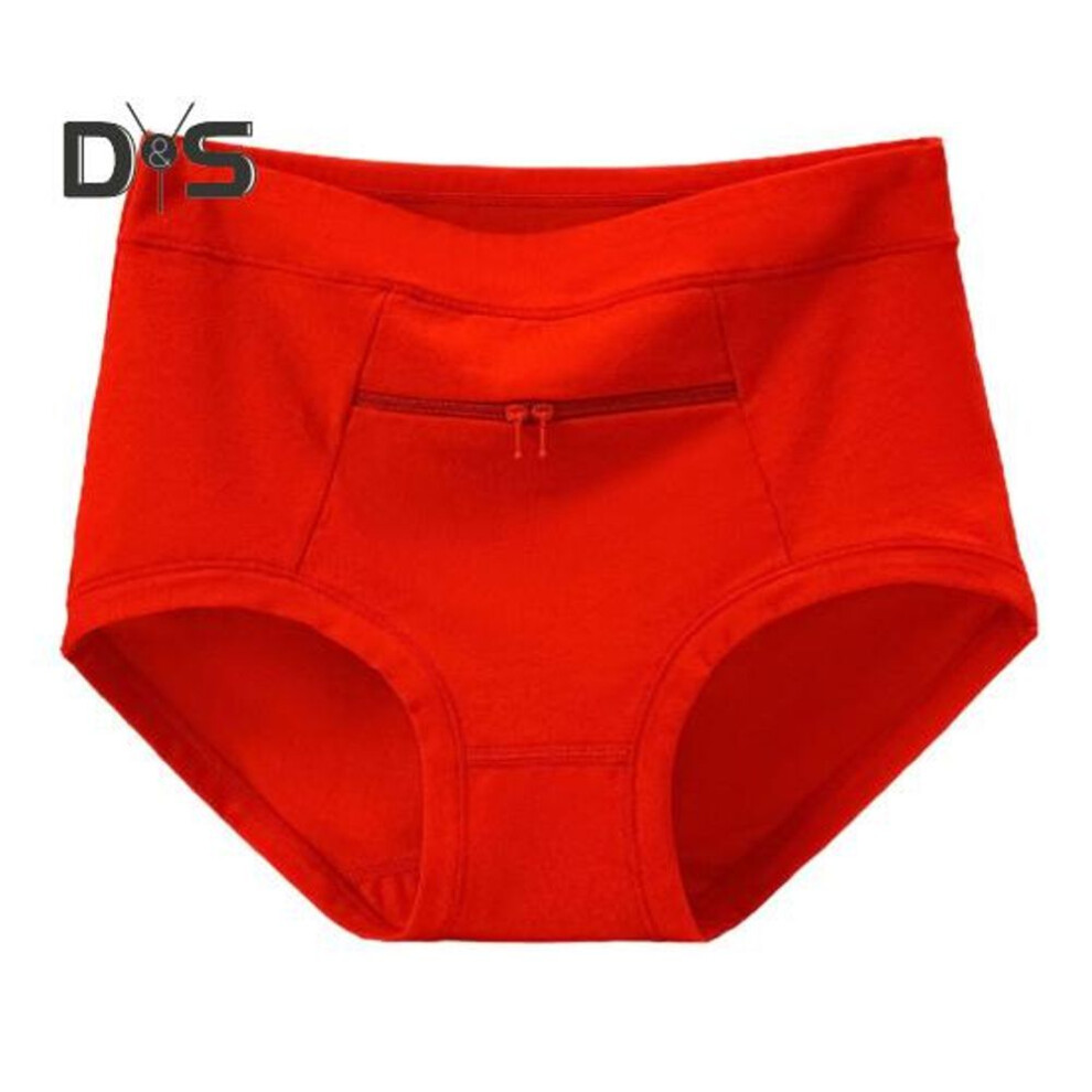 (red, M) Women Underwear Anti theft Zipper Pocket High Waist Seamless Stretch Breathable Cotton Middle aged Mom Grandma Brief Panties Underpants