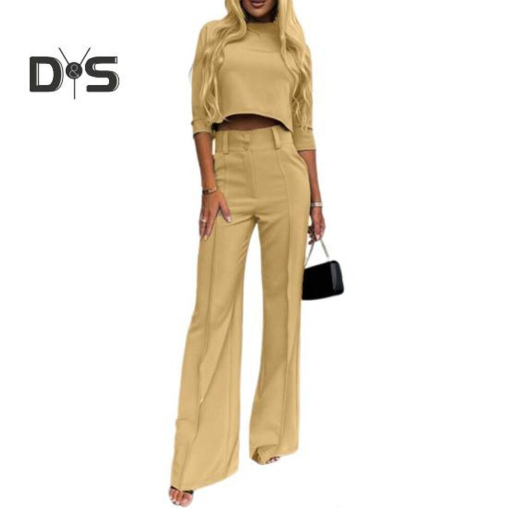 (khaki, S) 2 Pcs/set Women Top Pants Suit Solid Color Straight Wide Leg High Waist Pants Half-high Collar Three-quarter Sleeve Crop Top Lady Commute Top