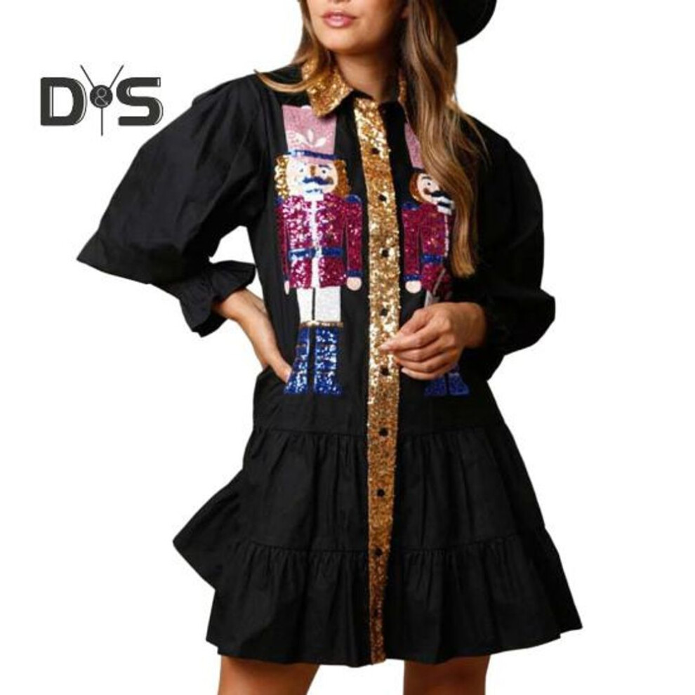 (black, M) Women Fall Spring Dress Shiny Sequin Patchwork A line Long Sleeve Lapel Cartoon Pattern Loose Ablve Knee Length New Year Party Christmas Mini Dress