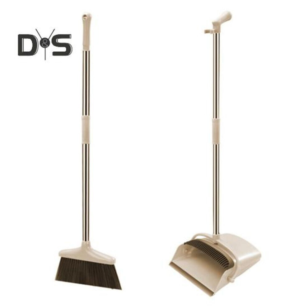 (khaki) 2Pcs/Set Long Handle Broom Dustpan Set Self-Cleaning Indoor Broom Floor Cleaning Soft Bristle Broom Dustpan Set